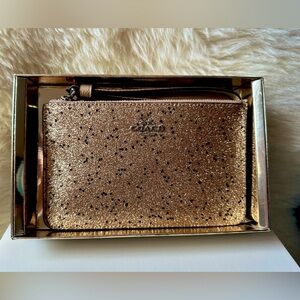 Authentic NWT Coach Rose Gold with Silver Glitter Wristlet Wallet Clutch Pouch